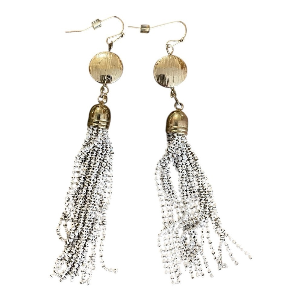 White House Black Market Gold Tassel White Dangle Earrings Minimalist Classic - Picture 6 of 6